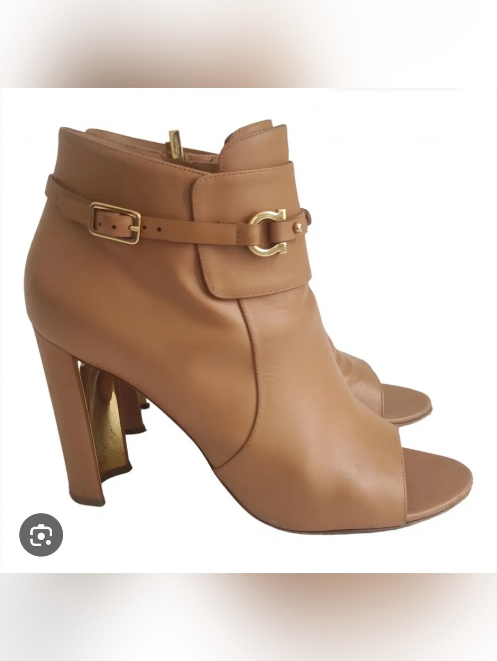 Ferregamo Tan Leather Open-Toe Heeled Ankle Boots with Gold Buckle